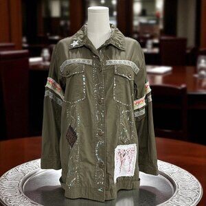 New York And Company Army Green Military Embellished Jacket Medium Boho Festival